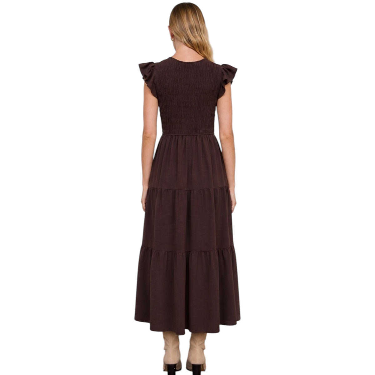 Choco Brown Flutter Sleeve V Neck Smock Midi Dress