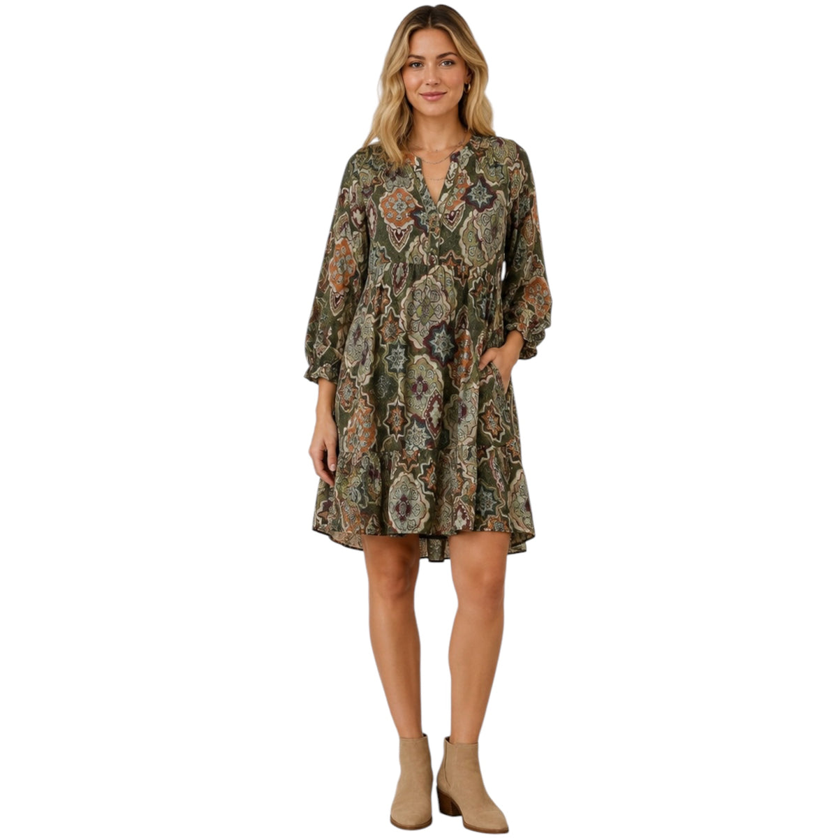 Olive Mix Boho Medallion Print Tiered Dress