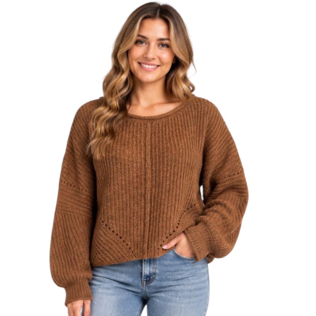 Brown Ribbed Drop Sleeve Sweater