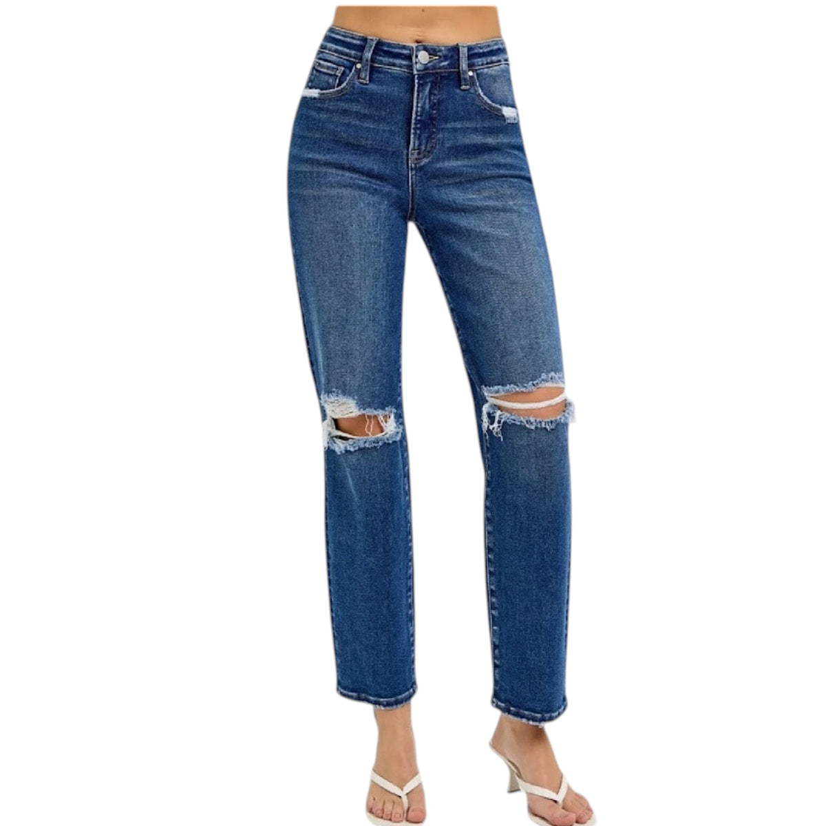 RISEN PGA21029 DK Tummy Control H/R Crop Girlfriend Jeans