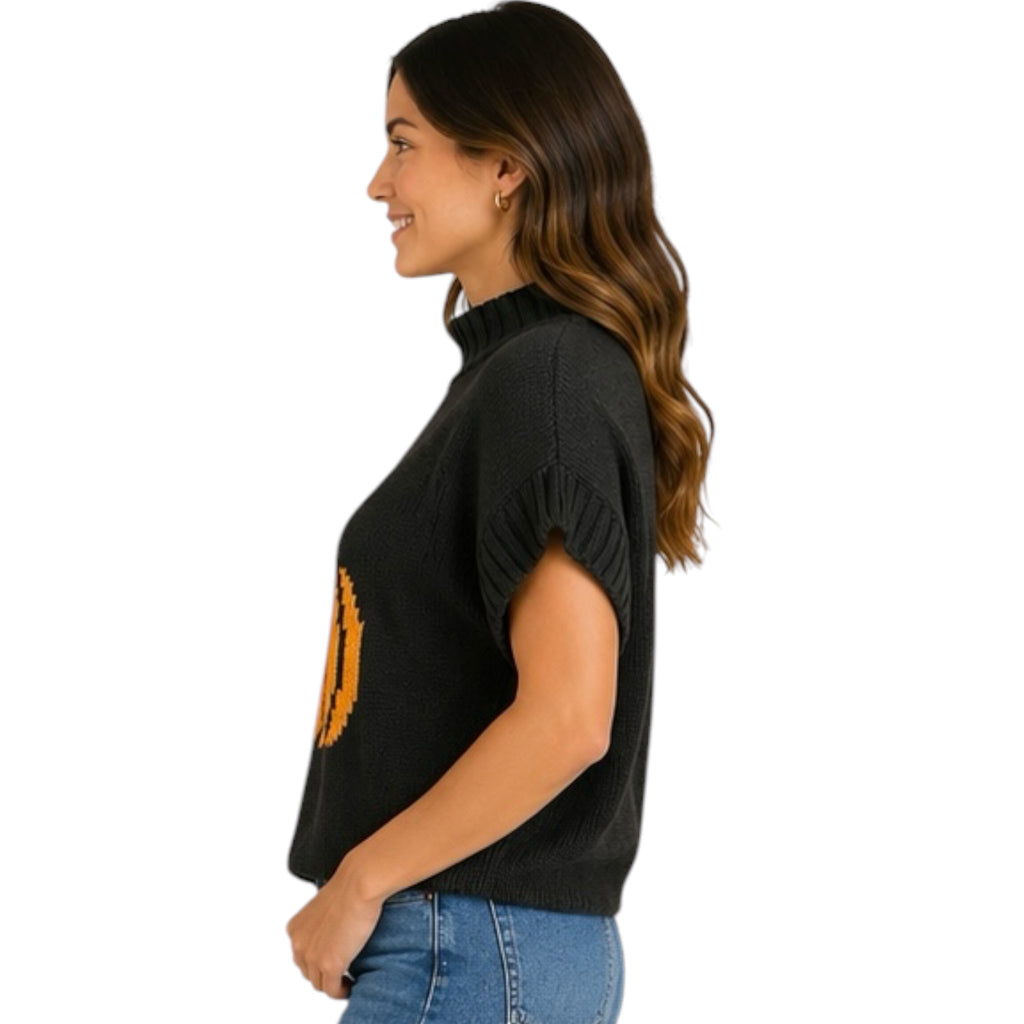 Black Sleeveless Sweater with Pumpkin Pattern High Neckline
