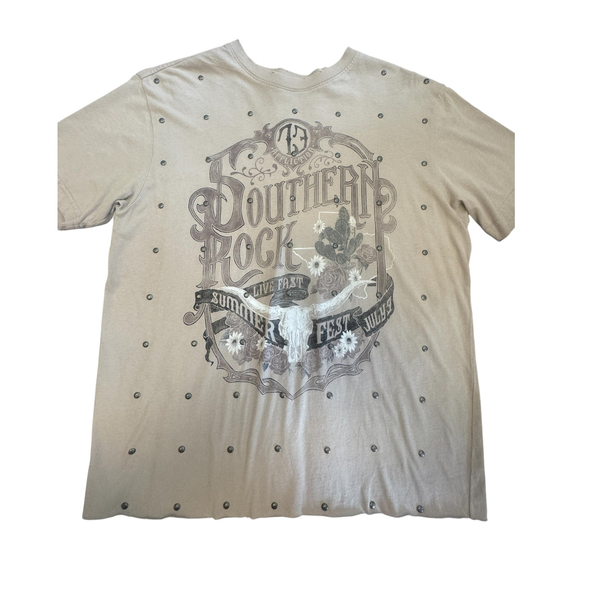 Affliction Khaki Summer Fest Graphic Tee Size Small -RF