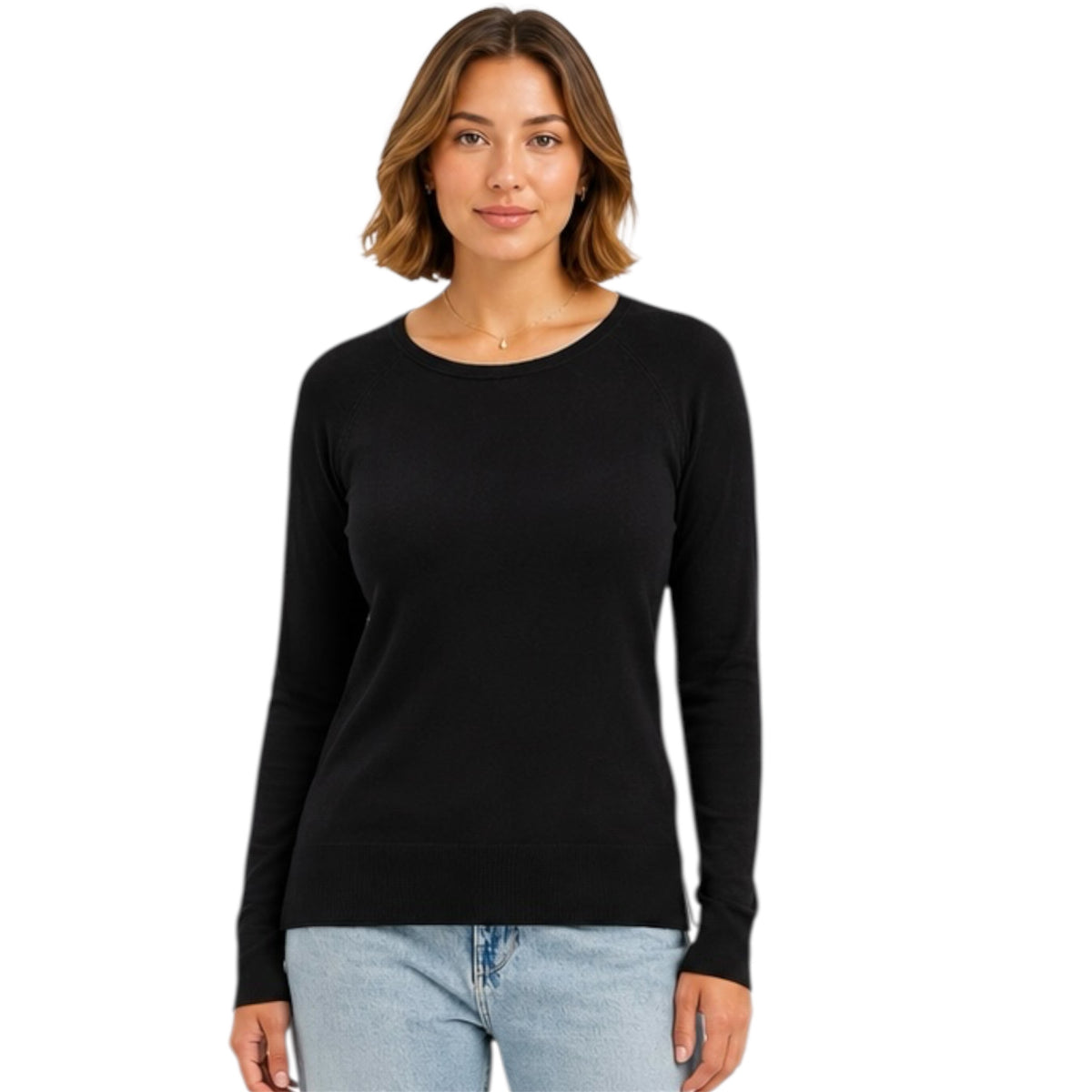 Black Lightweight Round Neck Sweater with Side Slits