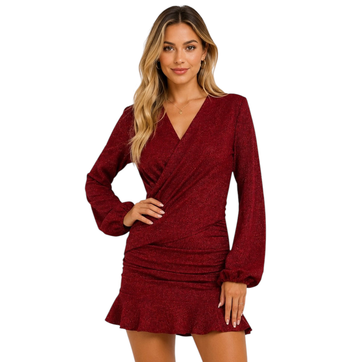 Burgundy V-Neck Surplice Wrap Front Dress