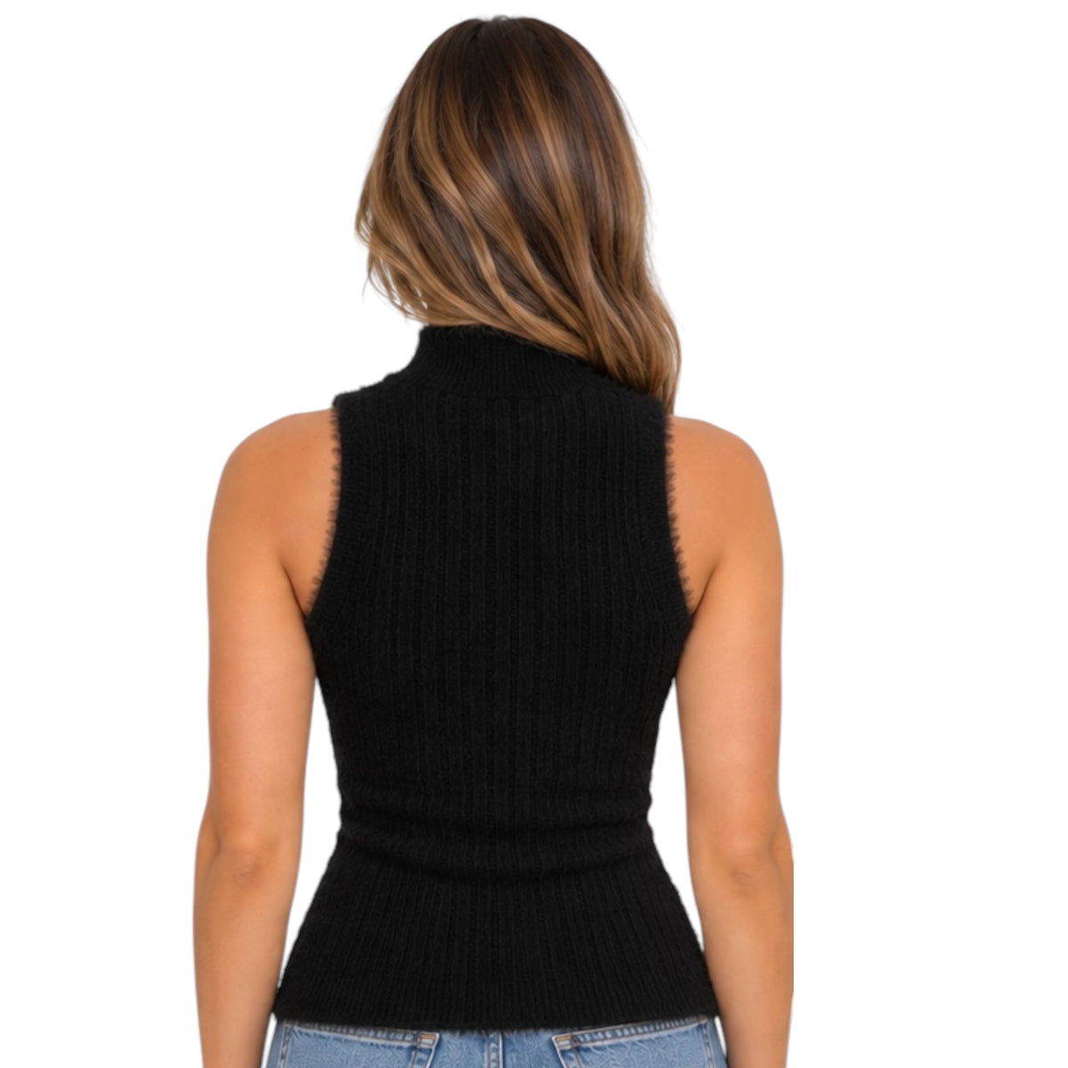 Black High Neck Ribbed Fuzzy Sleeveless Top 