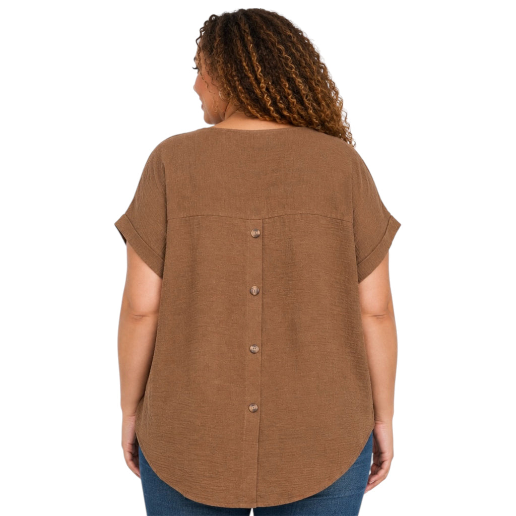 Plus Brown Split Neck Back Button Short Fold Sleeve Top