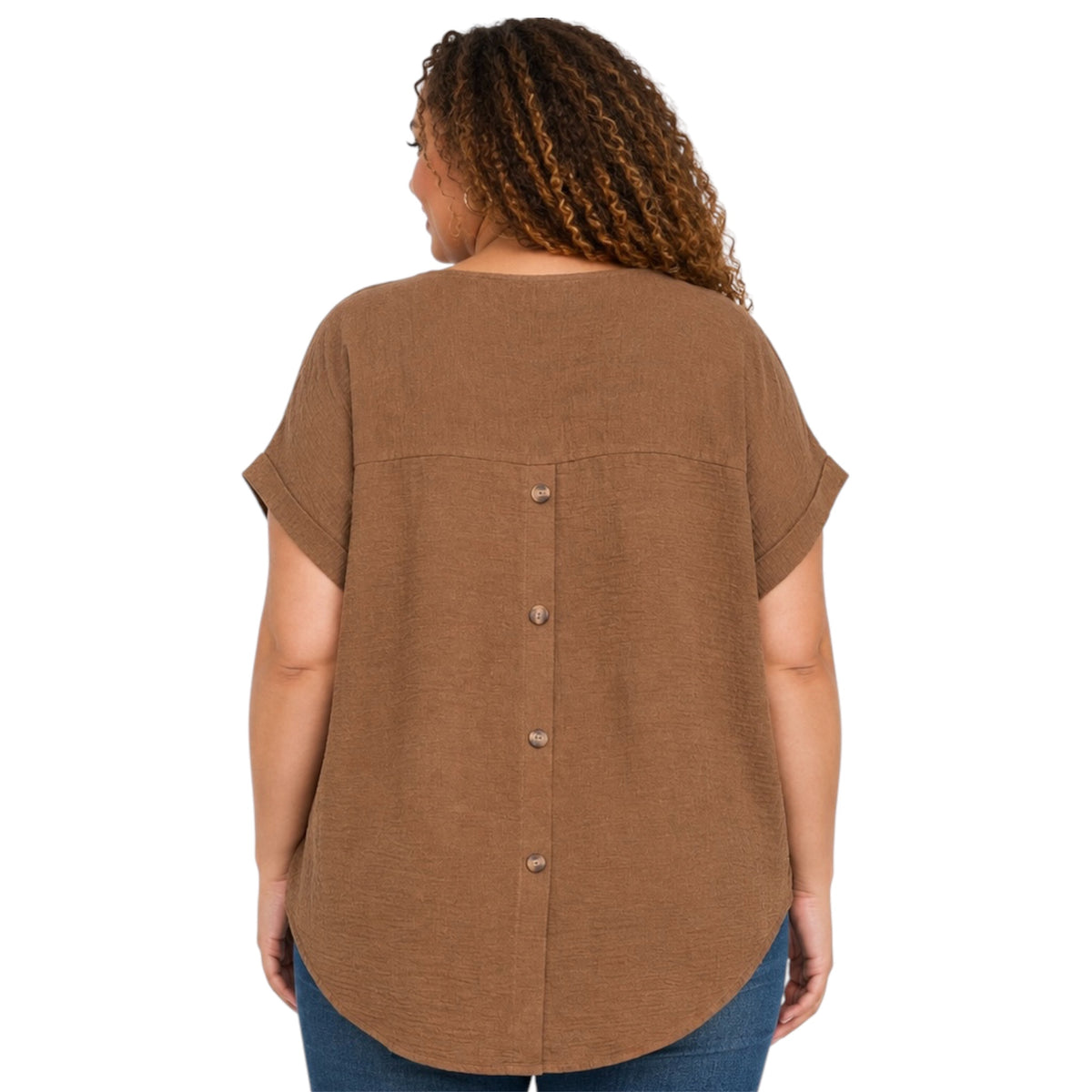 Plus Brown Split Neck Back Button Short Fold Sleeve Top