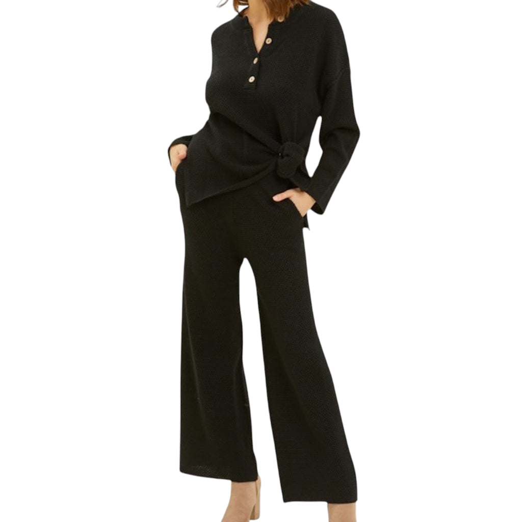 Black Henley Waffle Knit Lounge Set