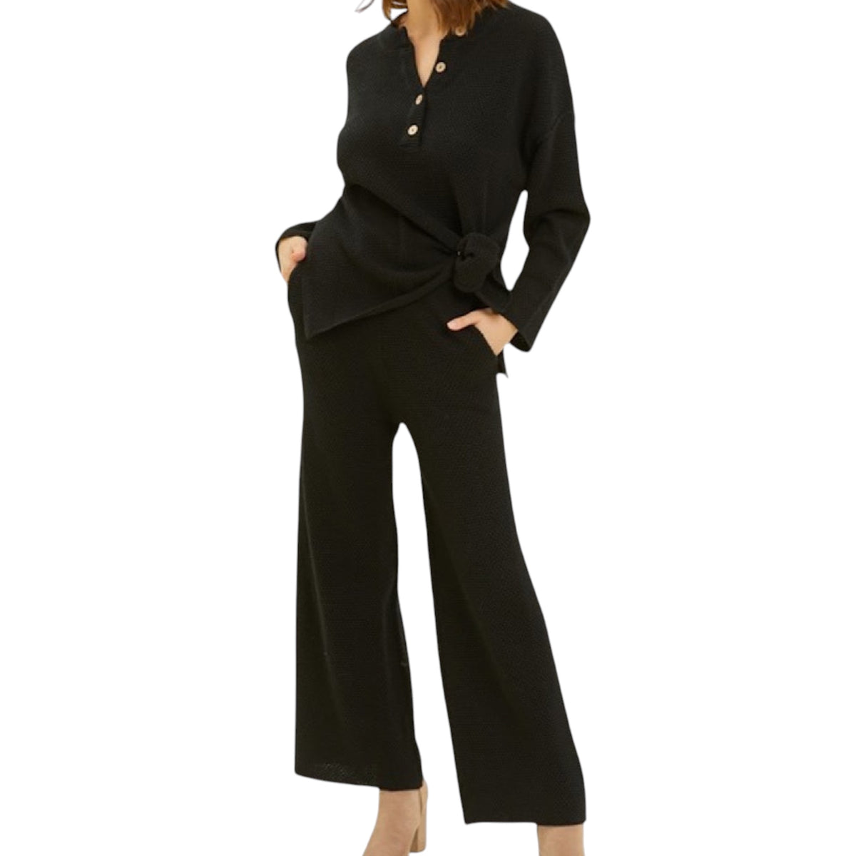 Black Henley Waffle Knit Lounge Set