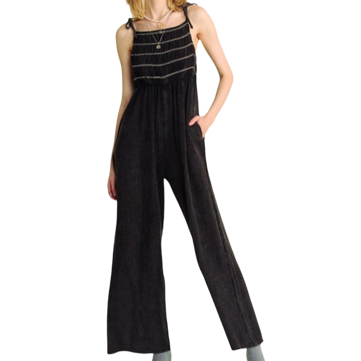 Black Garment Dyed Smocked Jumpsuit with Tied Shoulders