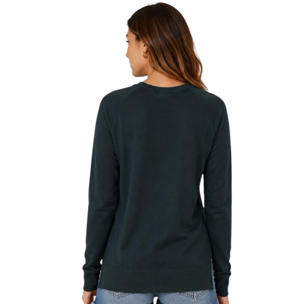 Dark Teal Lightweight Round Neck Sweater with Side Slits