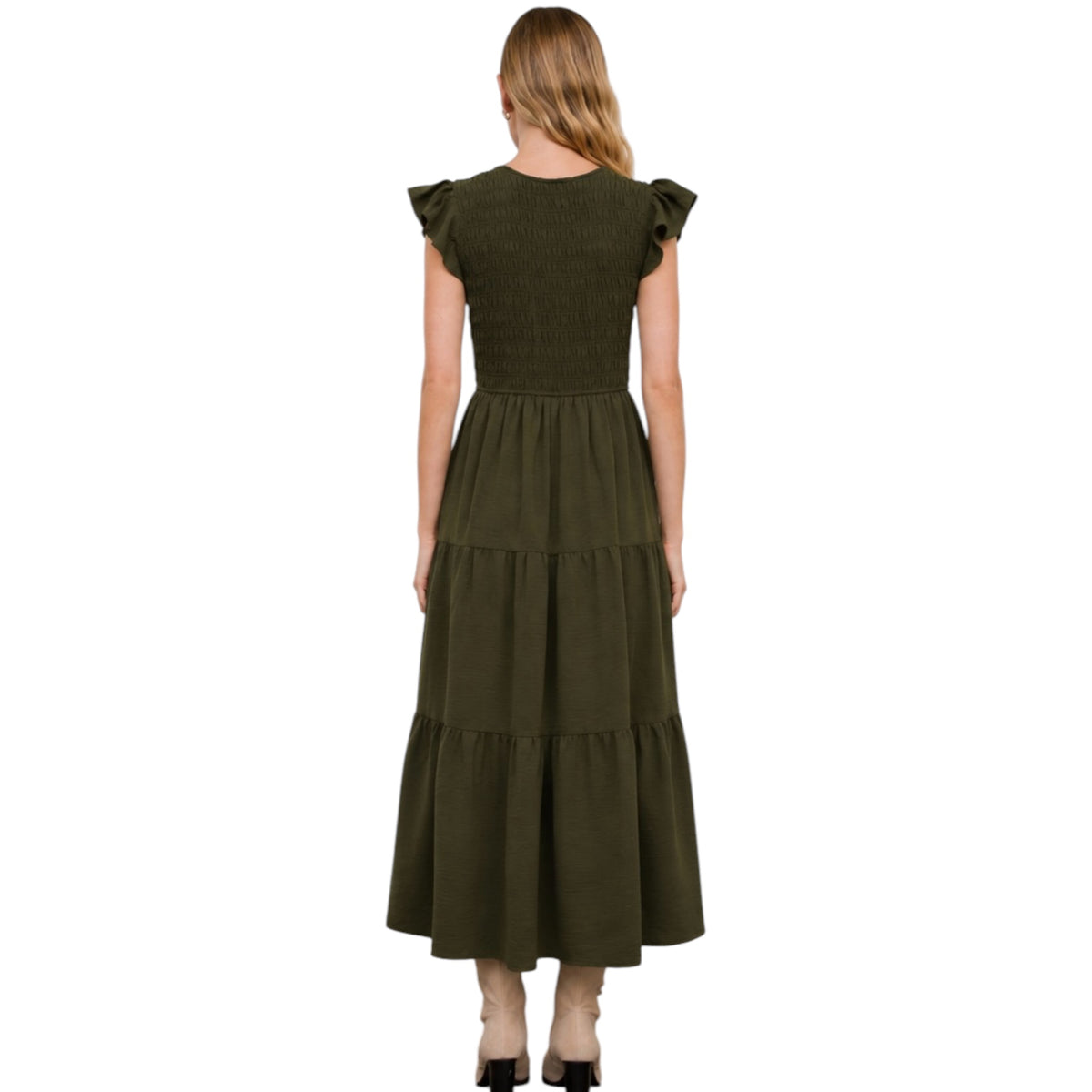 Dusty Olive Flutter Sleeve V Neck Smock Midi Dress