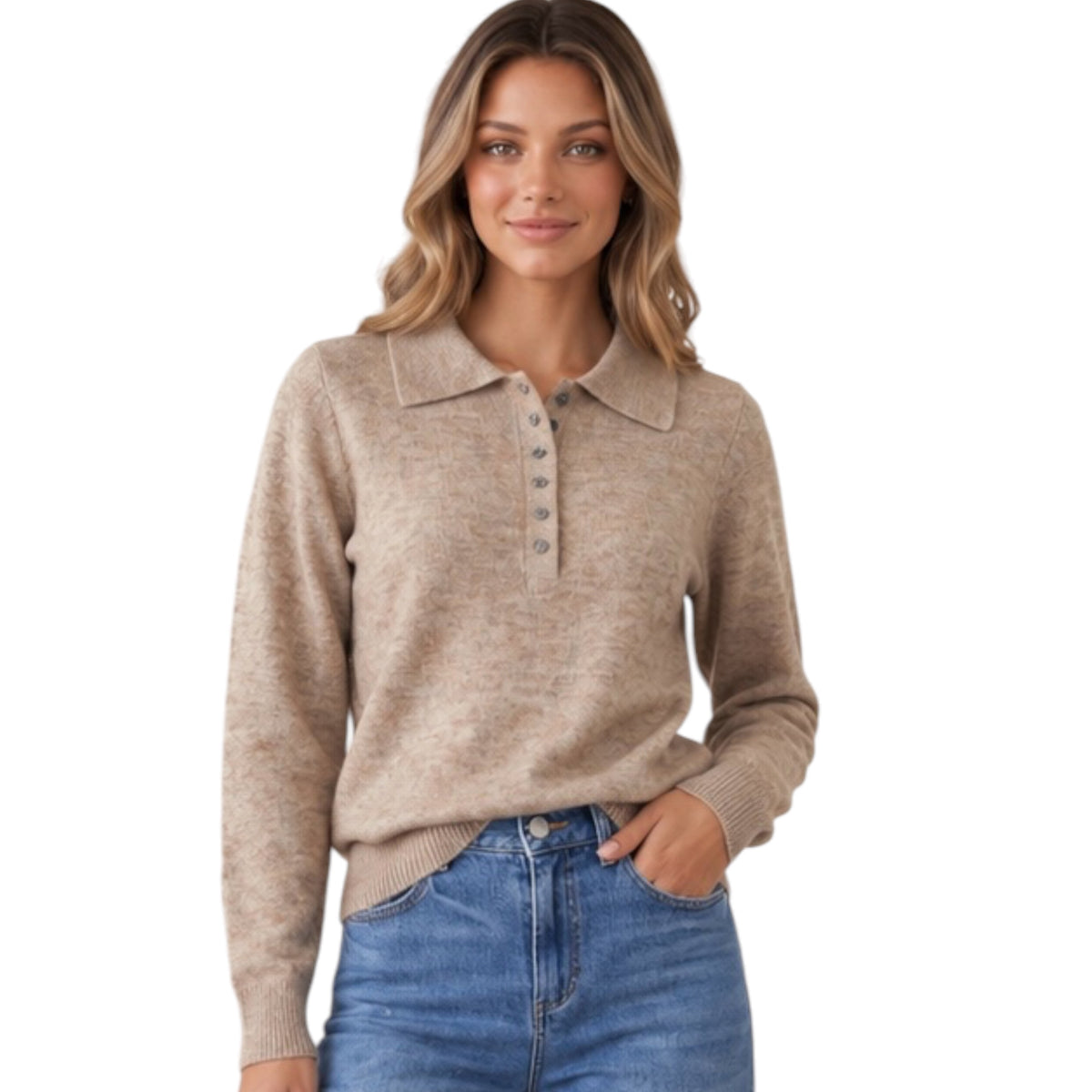 Mocha Solid Polo Sweater Top