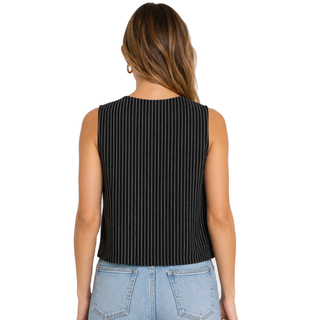 Black/White Stripe Linen Blend Tank with Split Lapel