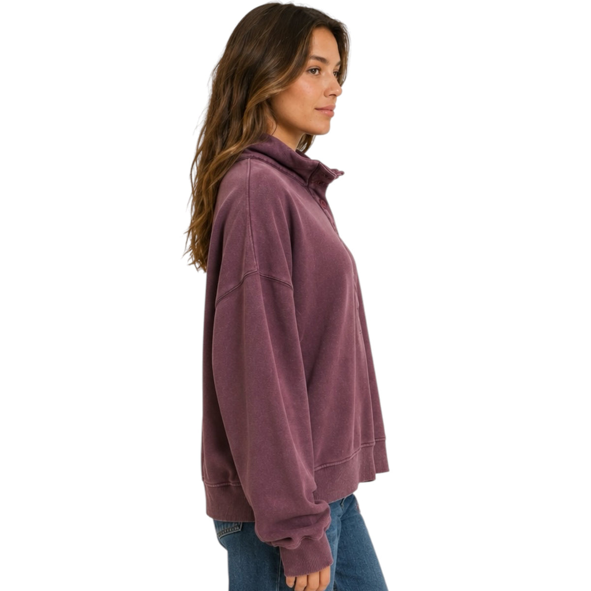 Dark Cherry Mineral Washed Button Detail Sweatshirt