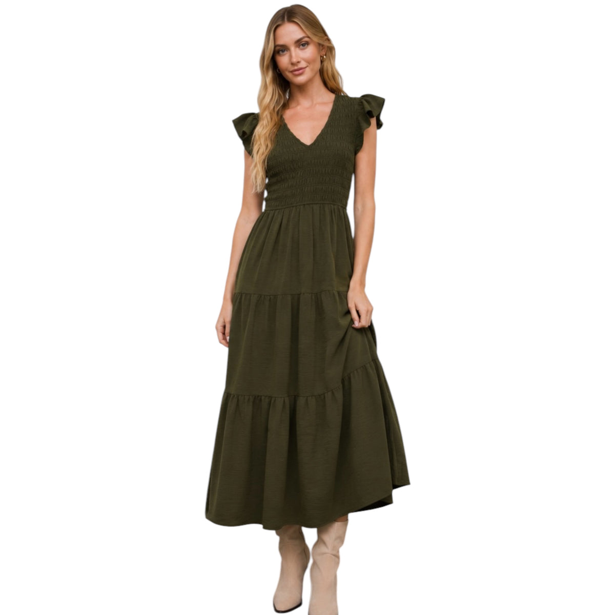 Dusty Olive Flutter Sleeve V Neck Smock Midi Dress