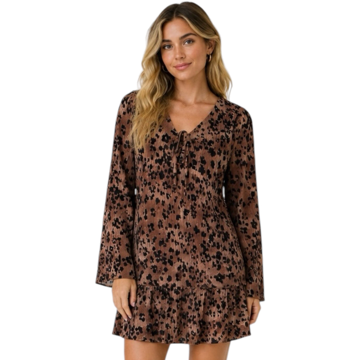 Mocha Leopard Printed Pleated Mini Dress