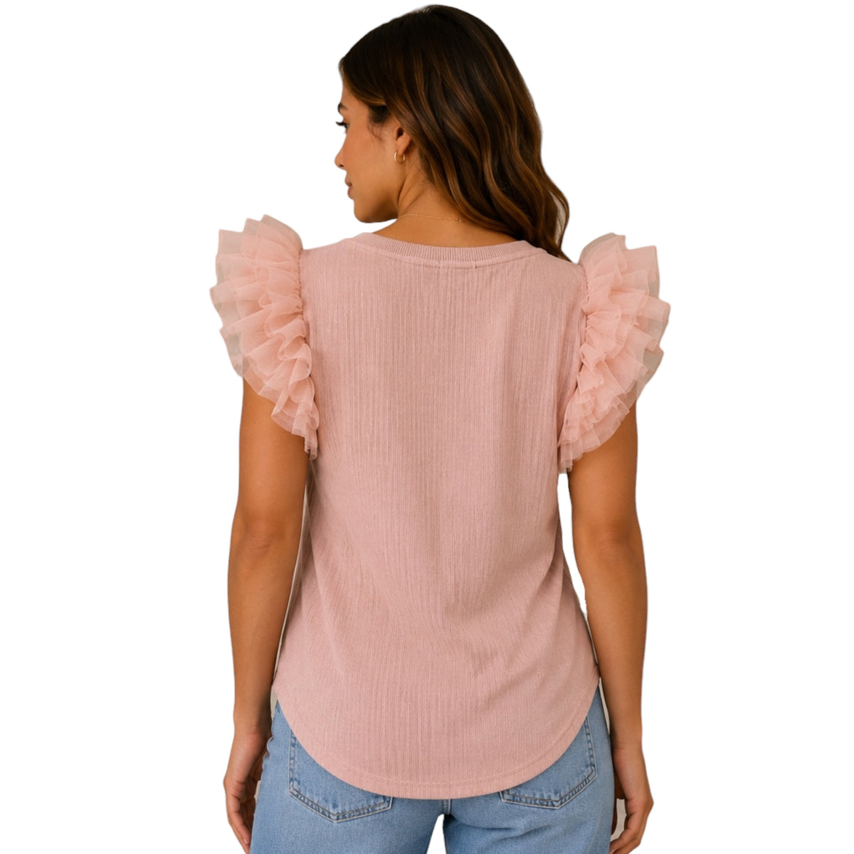 Dusty Rose Mesh Ruffle Detailed Sleeve Top