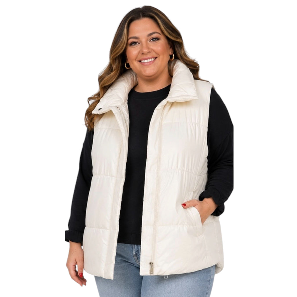 Plus Ivory Solid Zip Up Puffer Vest