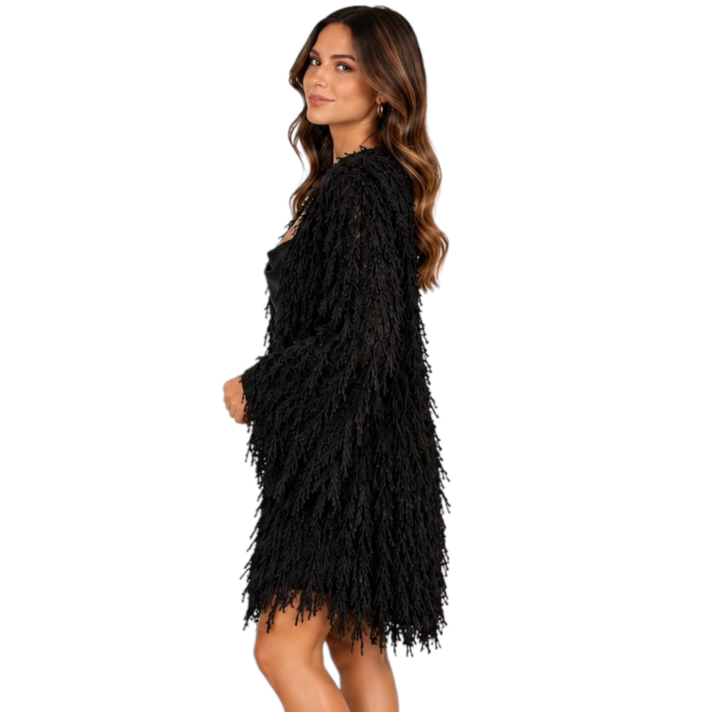 Fuzzy Fringe Cardigan Black