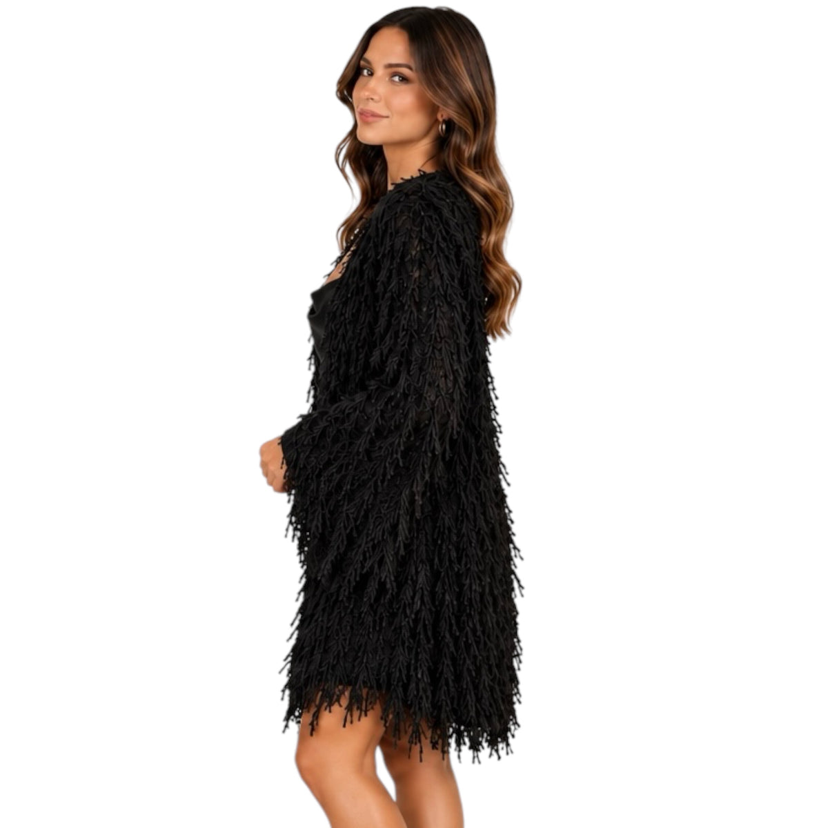 Fuzzy Fringe Cardigan Black