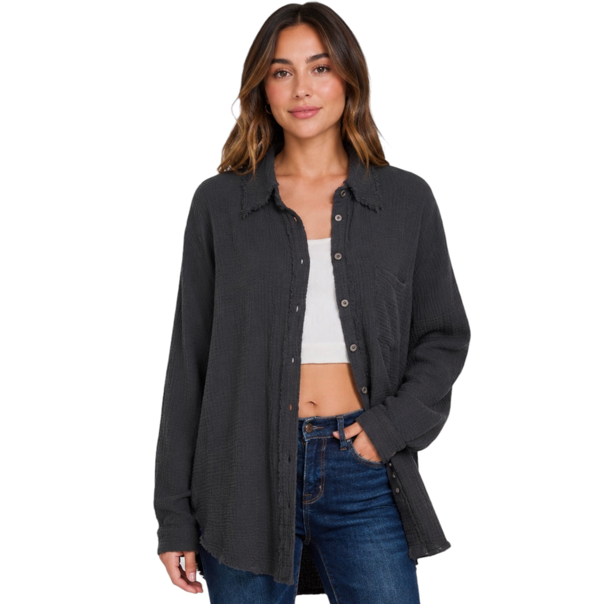 Black Double Gauze Oversized Raw Edge Shirt