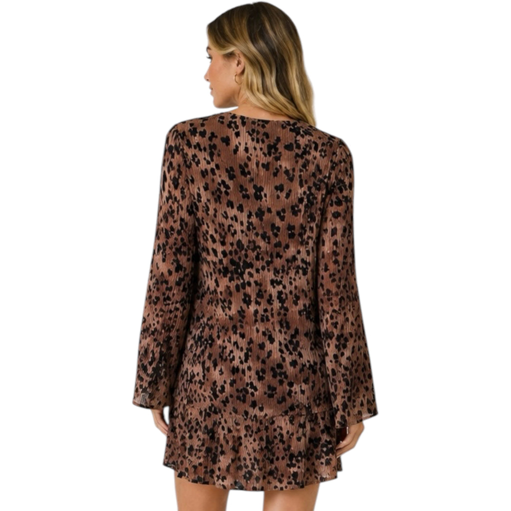 Mocha Leopard Printed Pleated Mini Dress