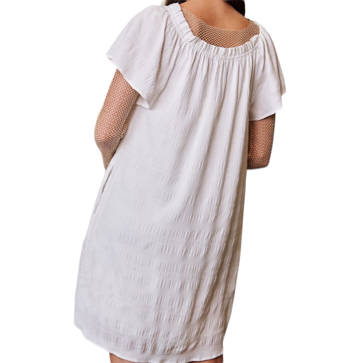 White Textured Ruffle Off Shoulder Shift Dress