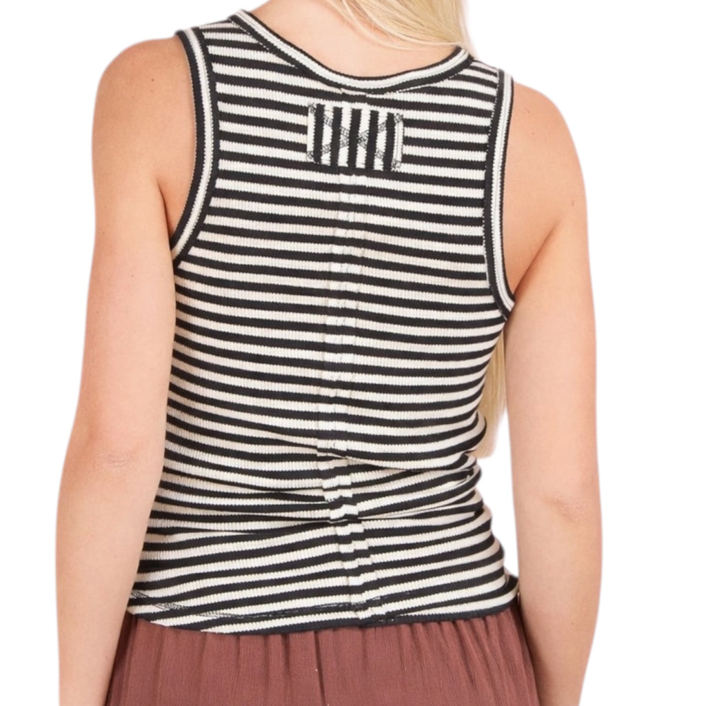 Black Striped Button Down Fitted Knit Tank Top