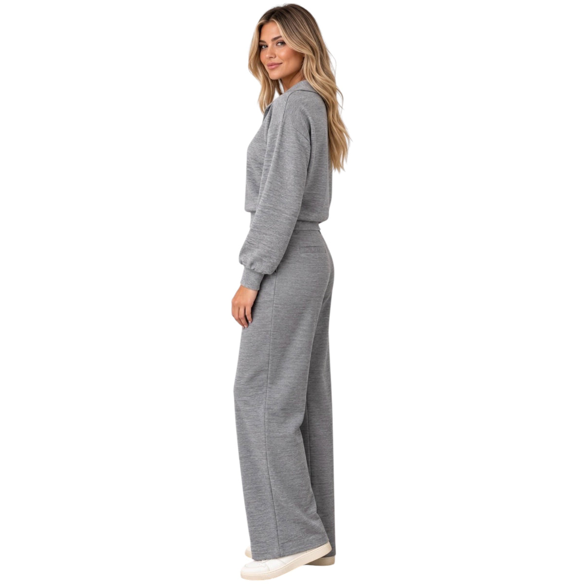 Charcoal Collared Top and Pleated Slacks Set