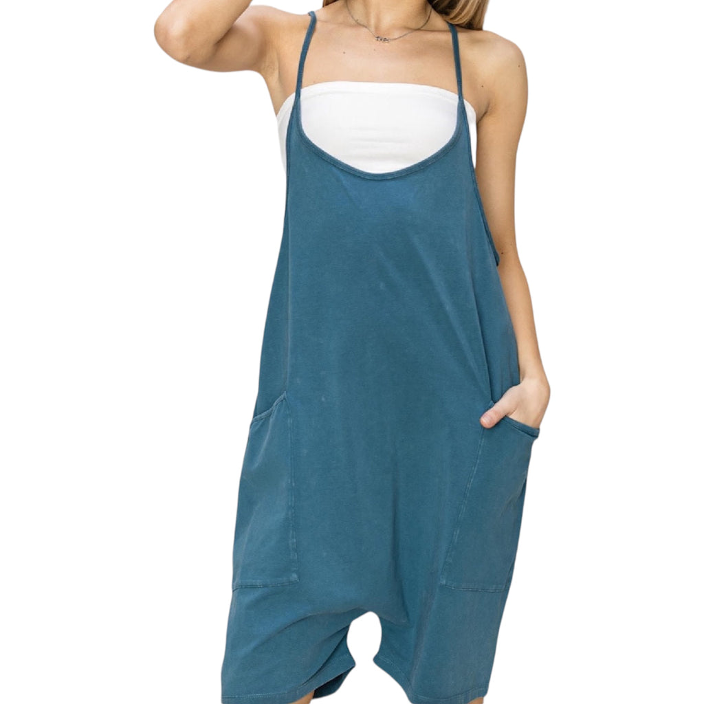 Dark Teal Mineral Washed Cami Romper