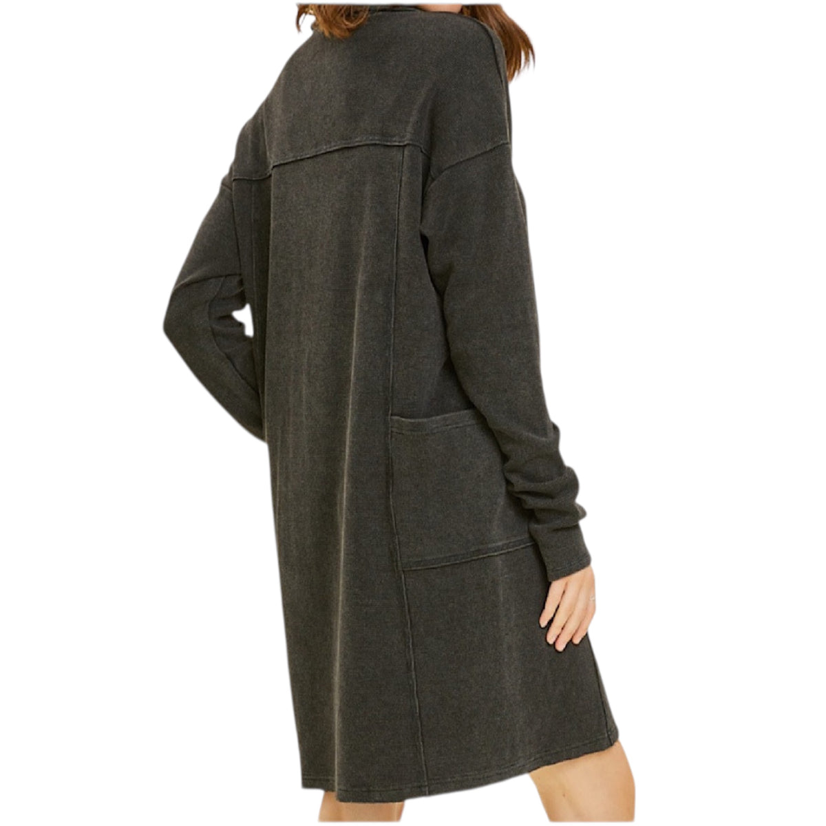 Black Mineral Washed Thermal Henley Dress with Pockets