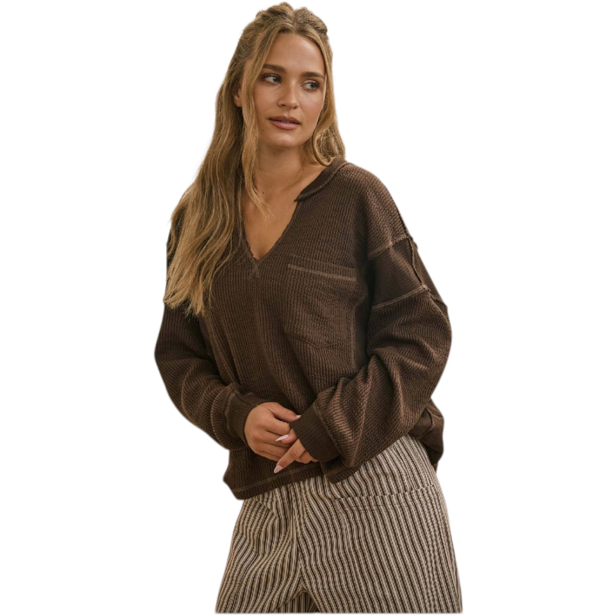 Chocolate Brown Split Neck Long Sleeve Top