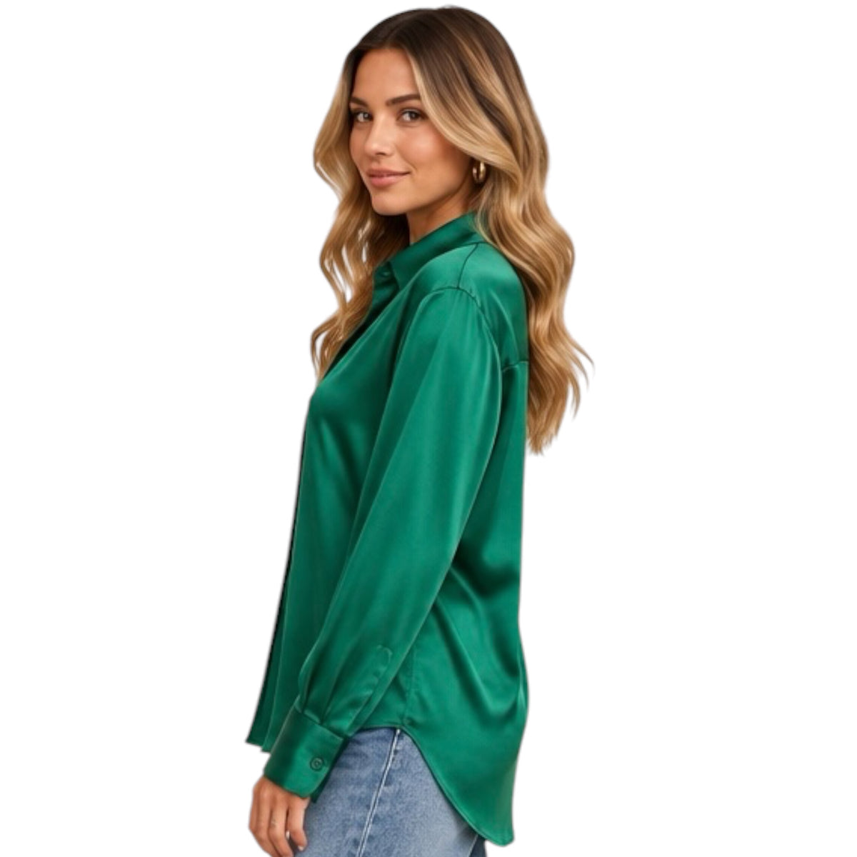 Sea Green Silky Satin Button-Down Blouse