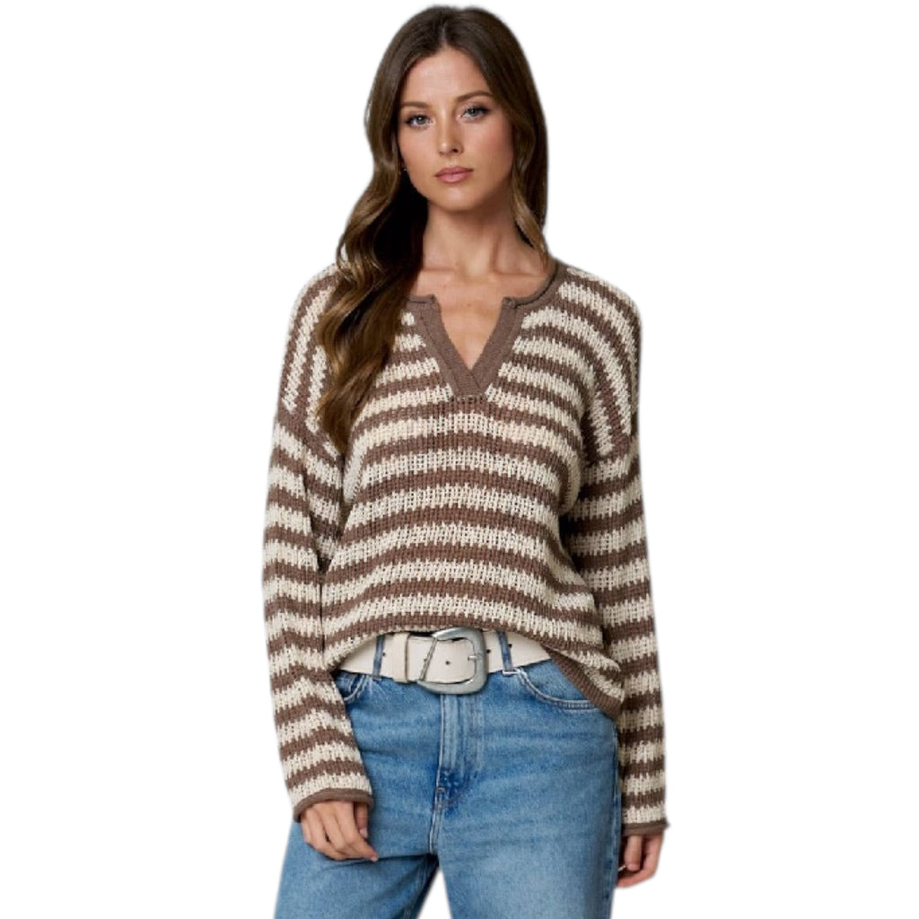 Mocha Stripe Split Neck Sheer Knit Sweater