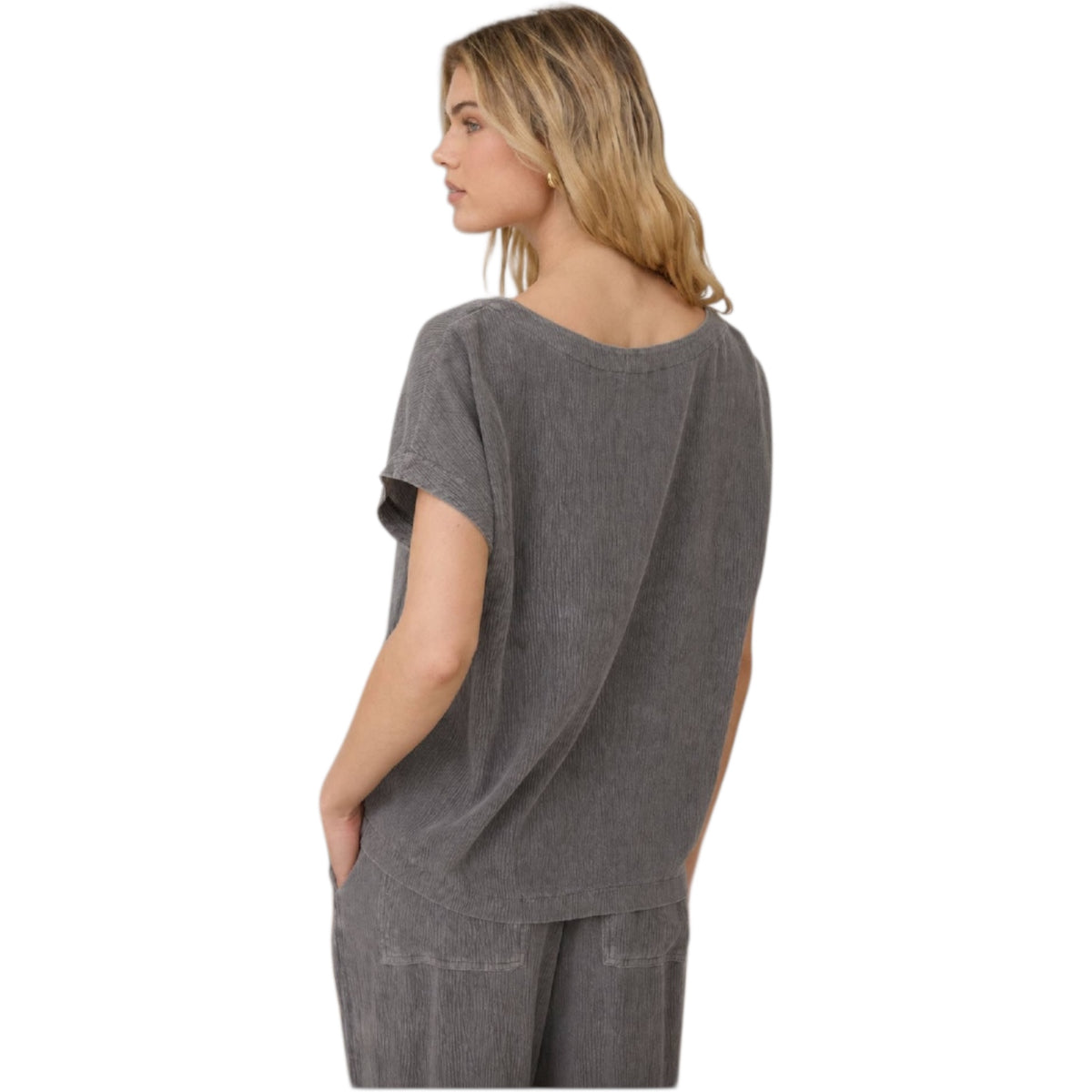 Charcoal Crinkle Relaxed Short Sleeve Top