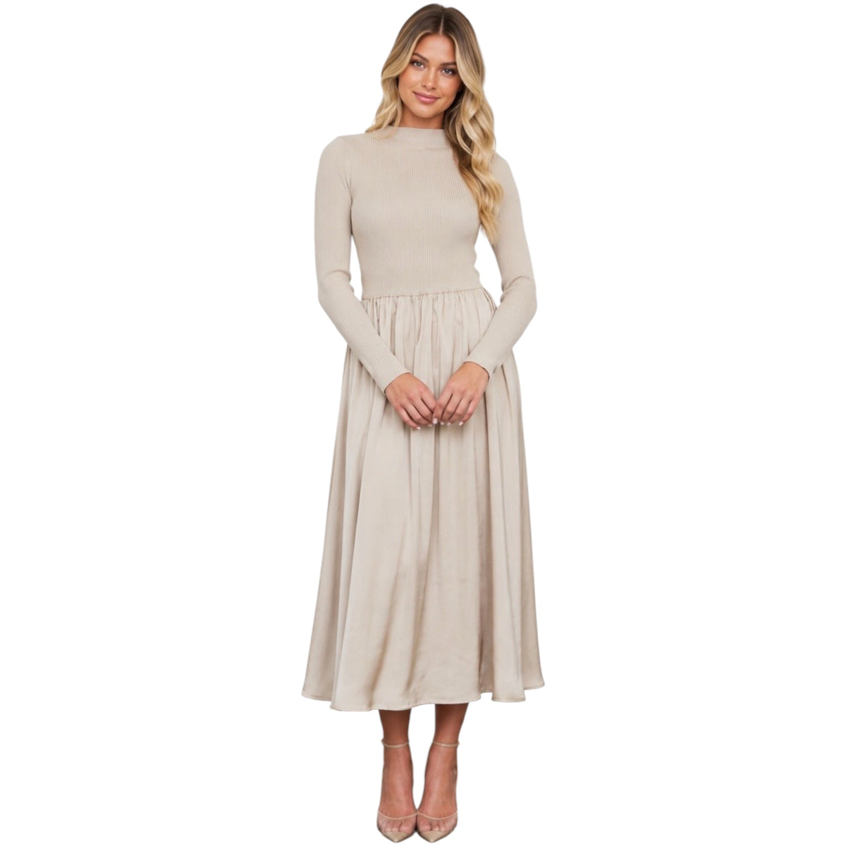 Light Taupe Ribbed Mock Neck Satin Midi Dress