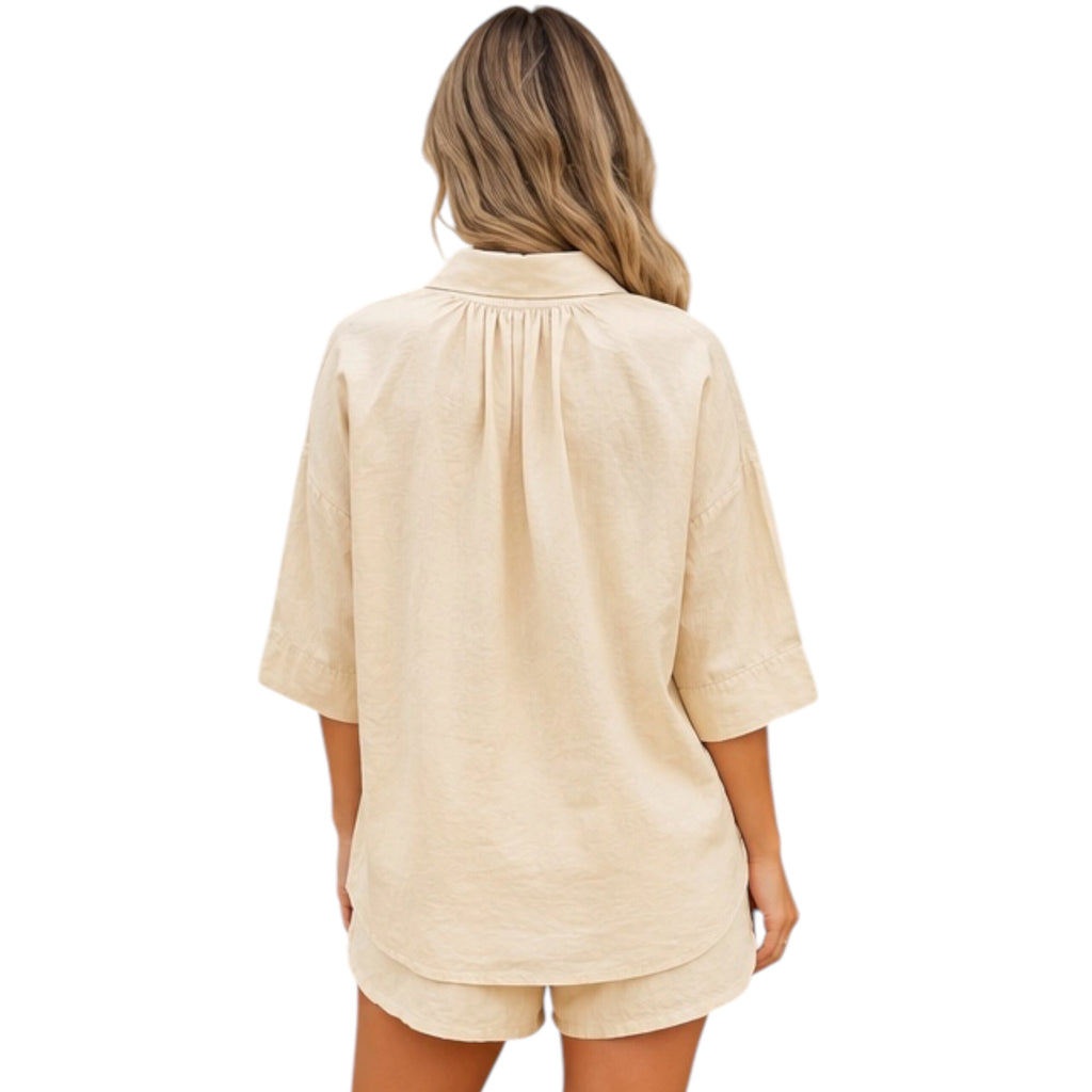 Sand Beige Button Down Shirt + Short Set