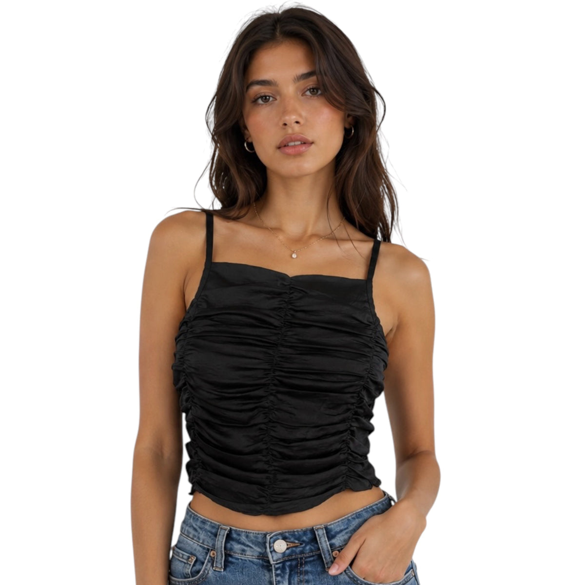 Black Shirred Stretchy Cropped Cami