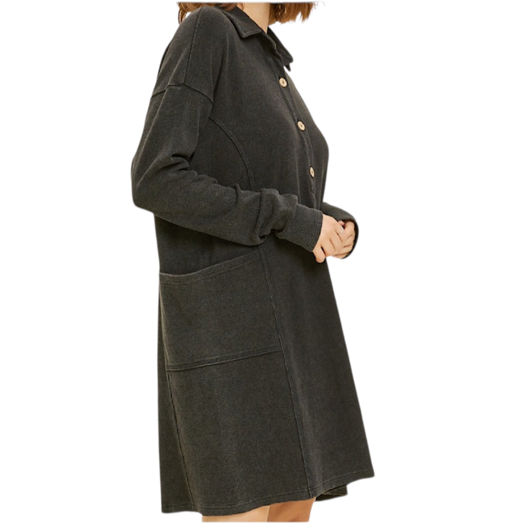 Black Mineral Washed Thermal Henley Dress with Pockets
