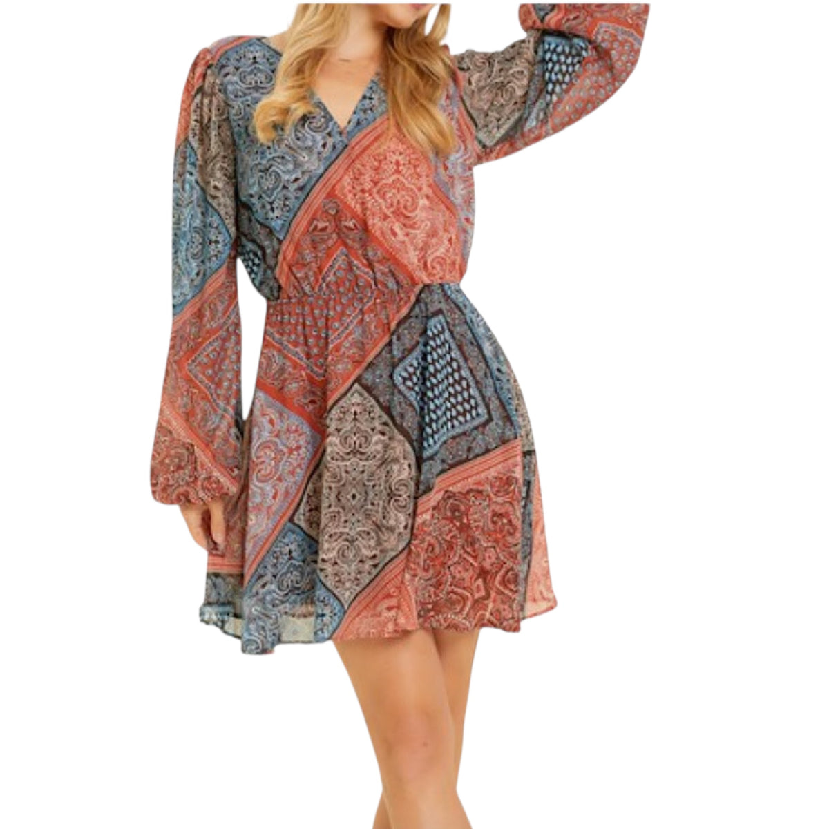 Black Multi Scarf Printed Chiffon Wrap Dress with Balloon Sleeves