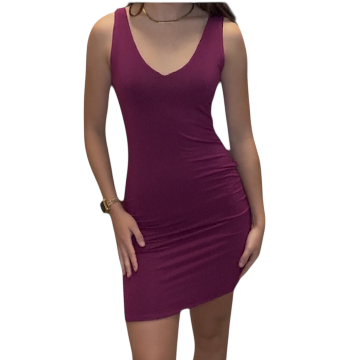Raspberry Basic Sleeveless V Neck Knit Mini Dress