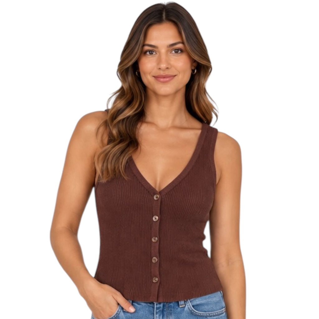 SANCTUARY Knitted Ribbed Button Front Tank Brown Small