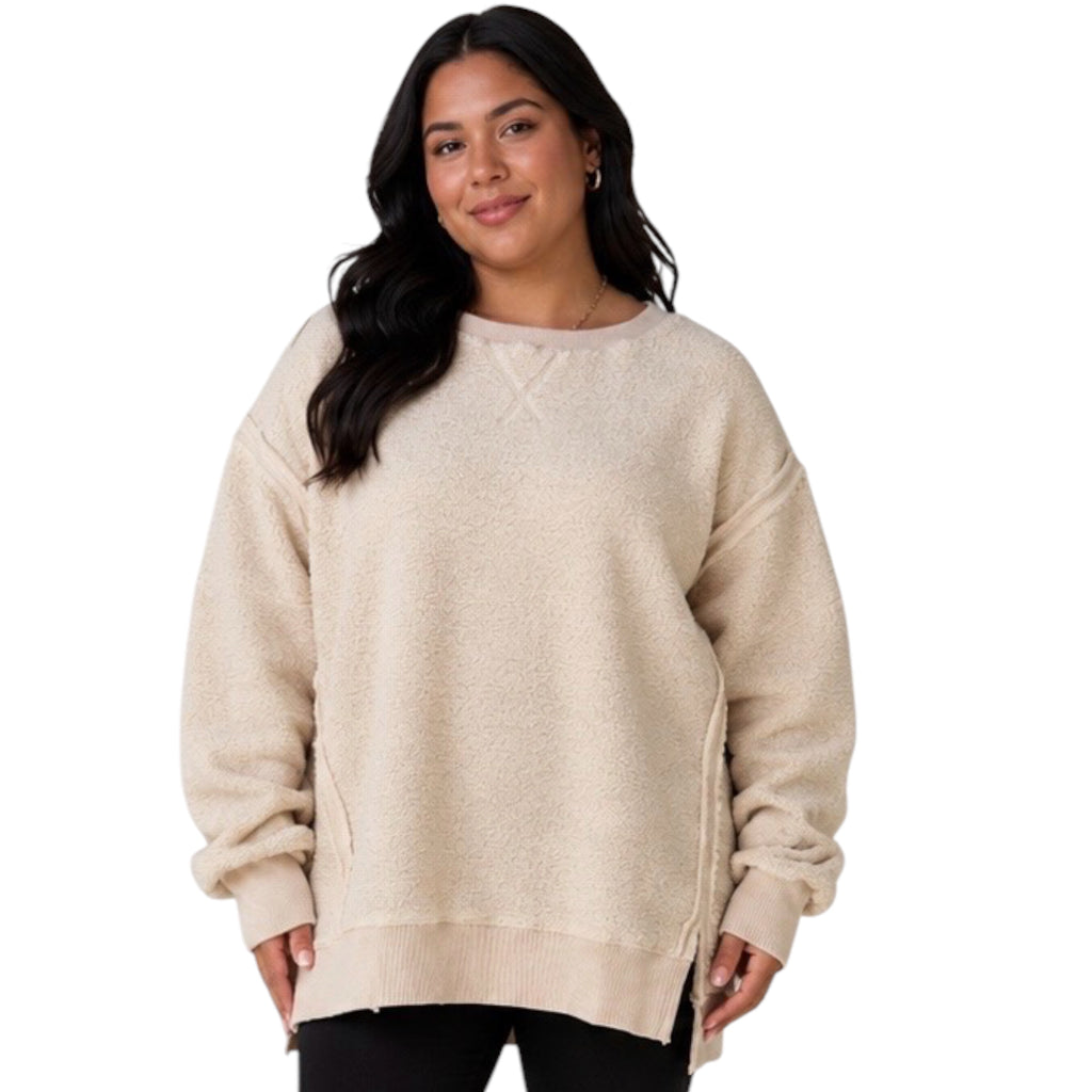 Cream Oversized Casual Solid Fleece Top