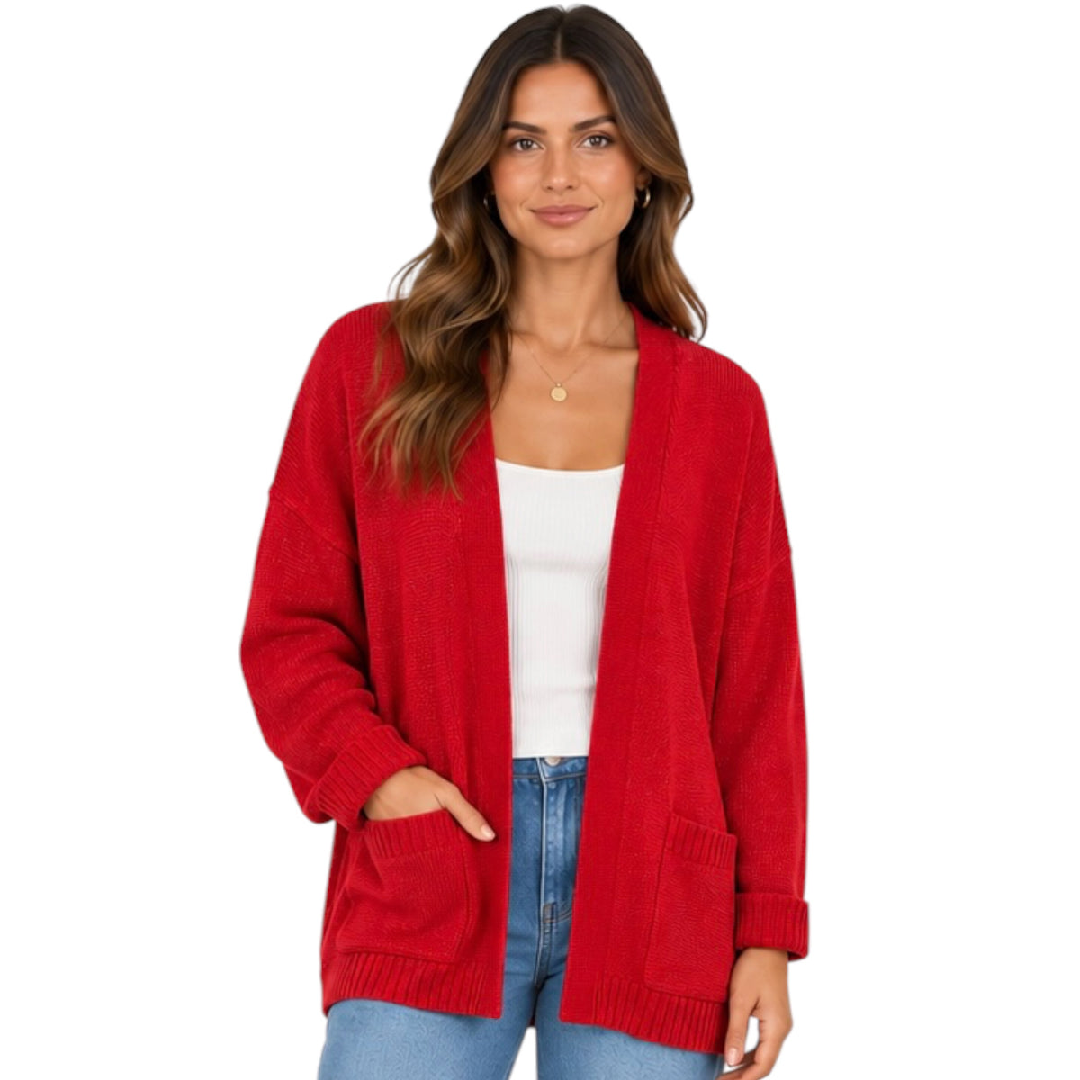 Red Oversized Open Front Cardigan Sweater With Pockets