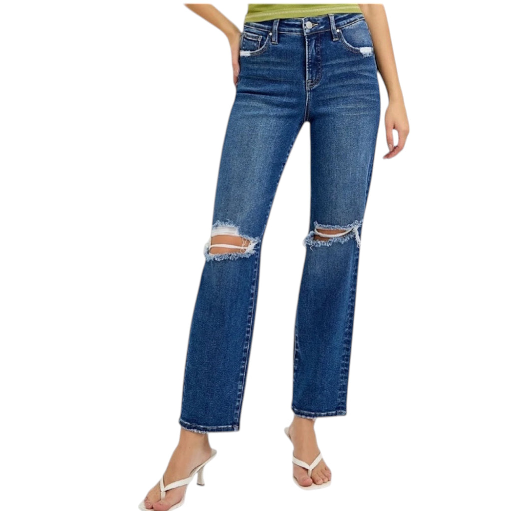 RISEN PGA21029 DK Tummy Control H/R Crop Girlfriend Jeans