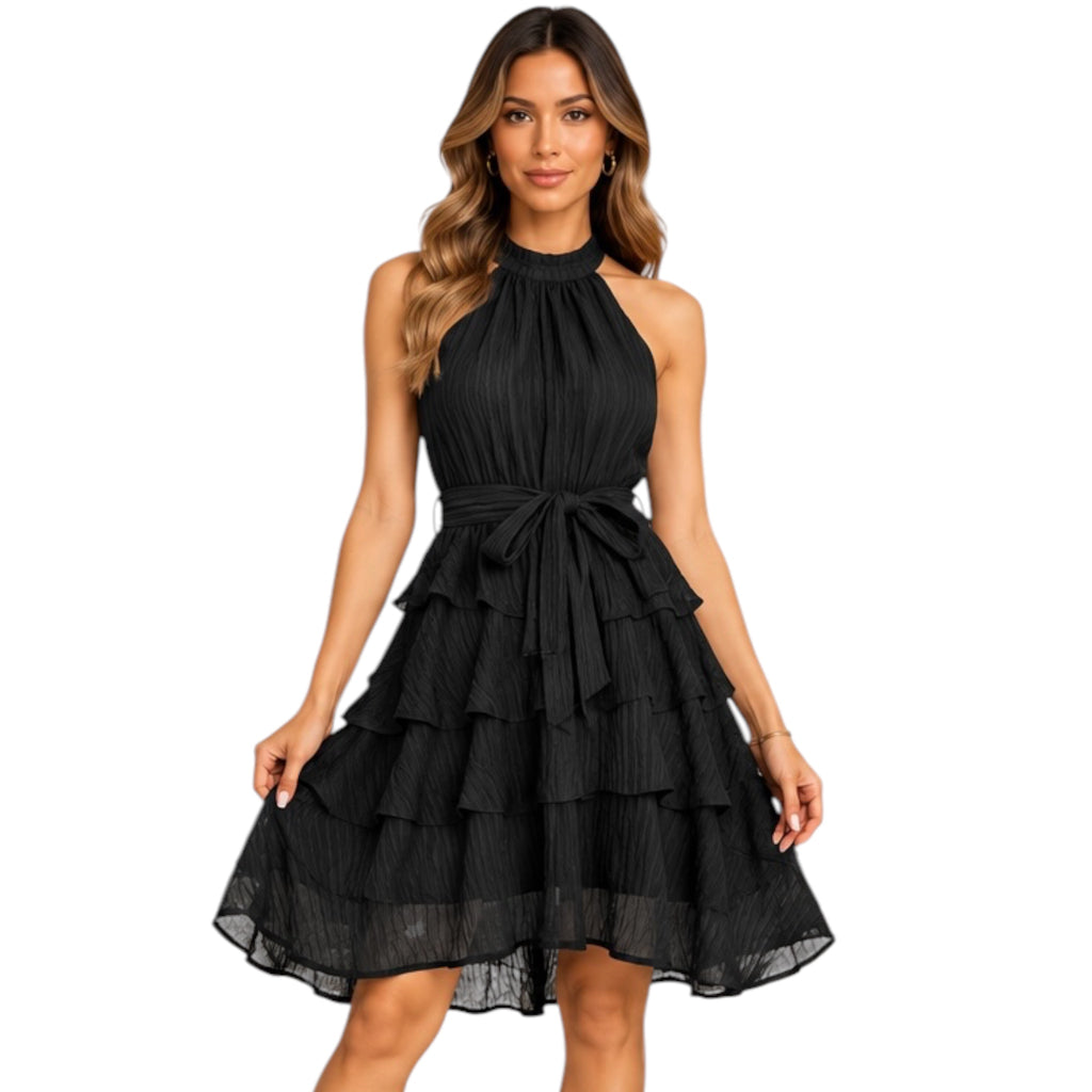 Black Textured Halter Neck Tiered Mini Dress