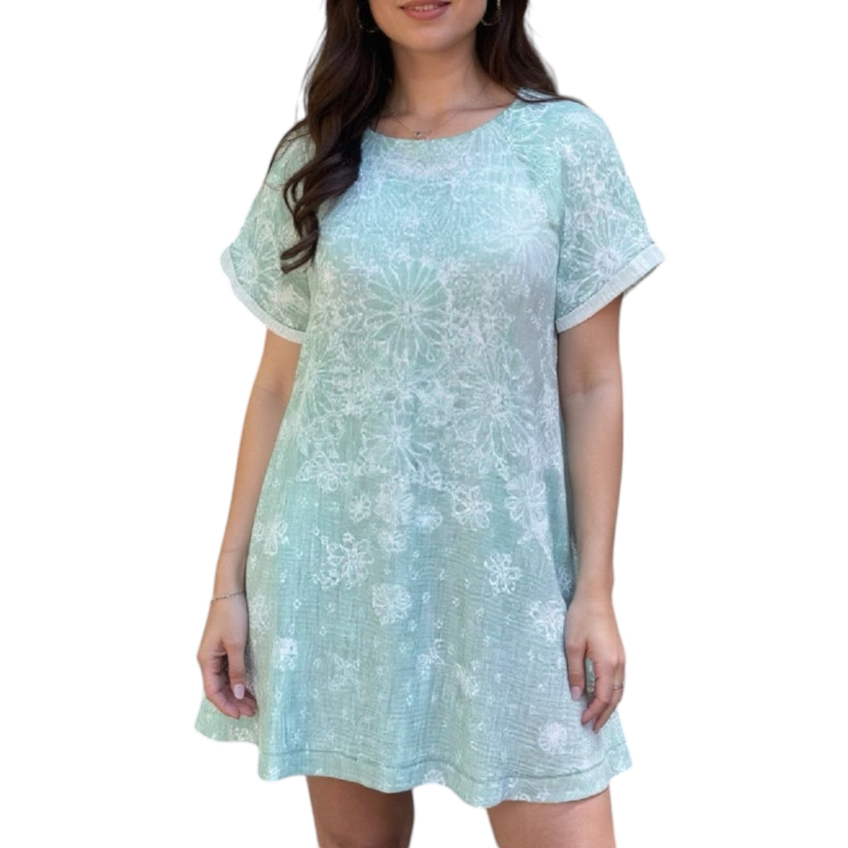 Sage Printed Cotton Gauze Tunic Dress