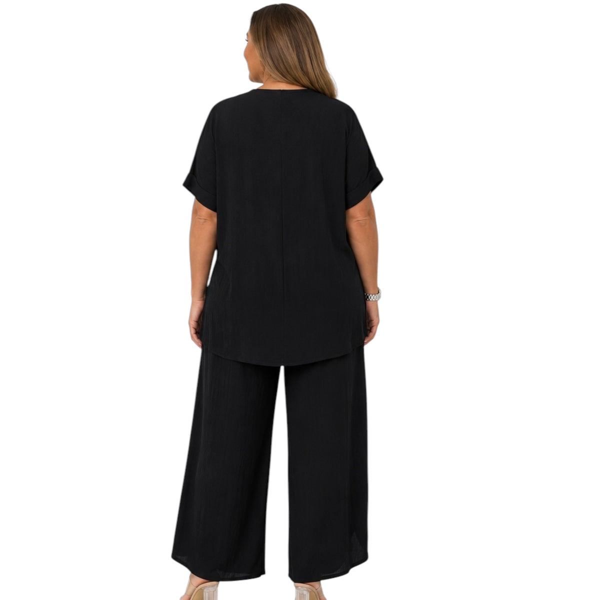 Curvy Flowy Short Sleeve Black Two Piece Pant Set