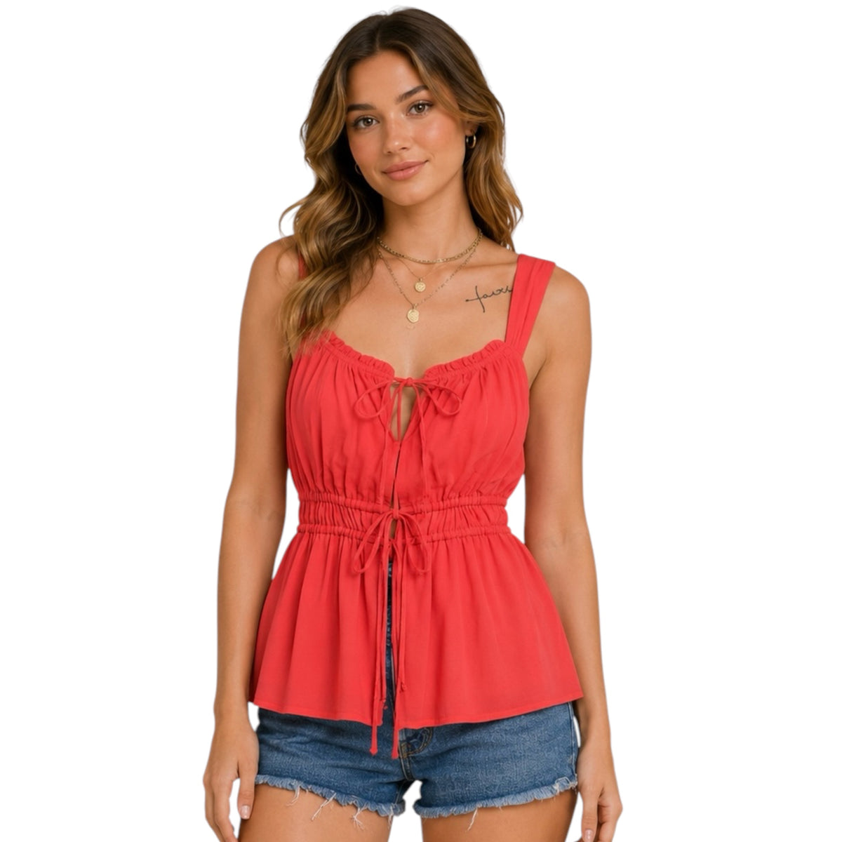 Crimson Gauze Tank Top with Elastic Waist